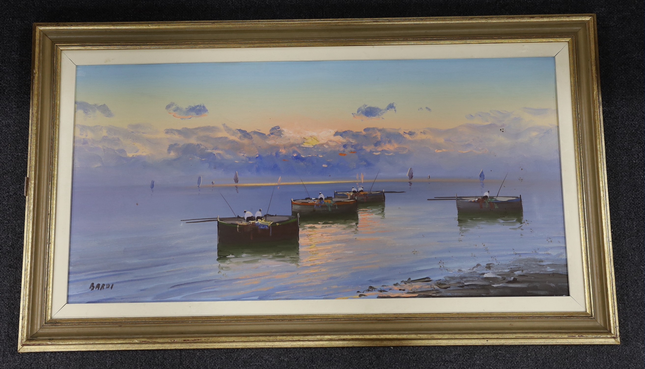 Bardi, oil on canvas, Italian coastal landscape, signed, 39 x 79cm.